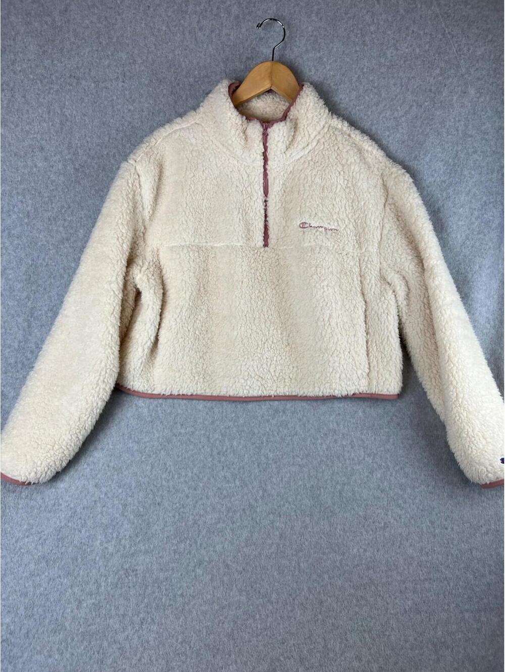 Champion Sherpa Sweater Girls Size L Plush Cropped 1/4 Zip Long Sleeve
